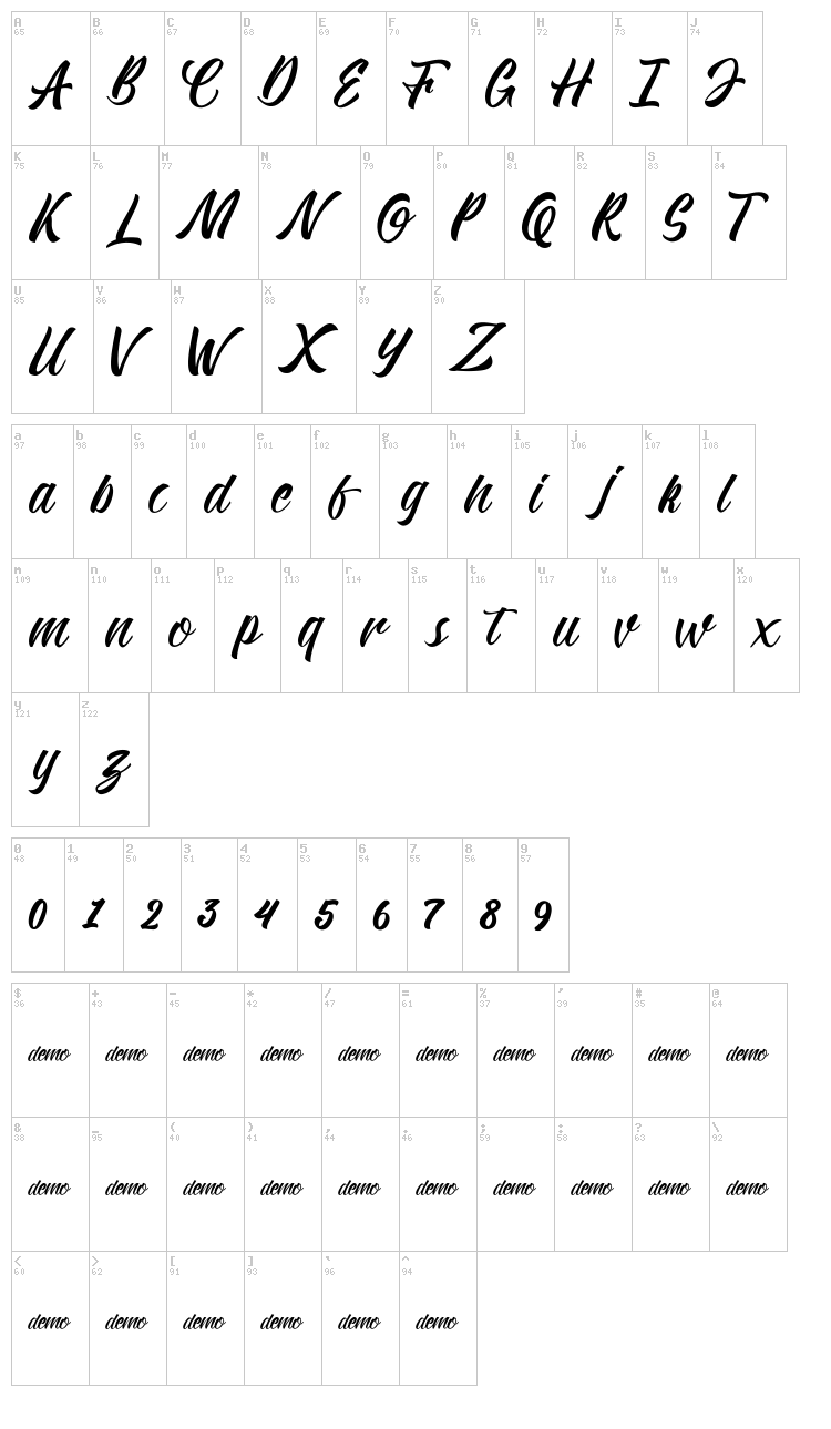 Kadisoka Script font map